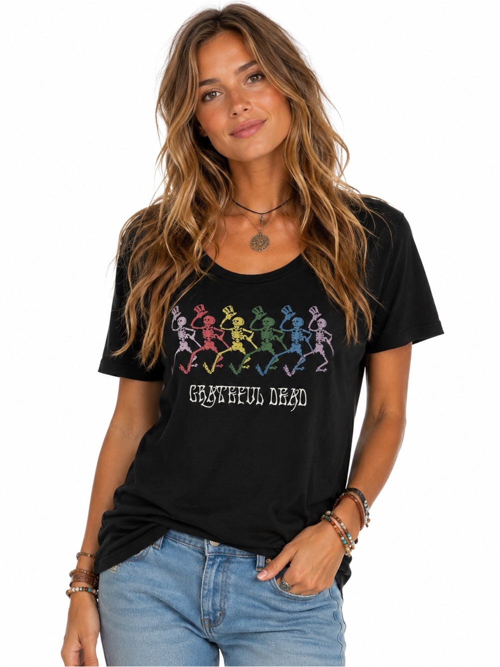 Chaser Grateful Dead Rainbow Dancing Skeletons Graphic Tee Black Medium Boho